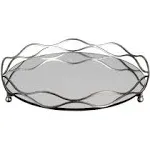 Elegant Round Mirrored Silver Centerpiece Tray, Bar Vanity Waves Open Metal