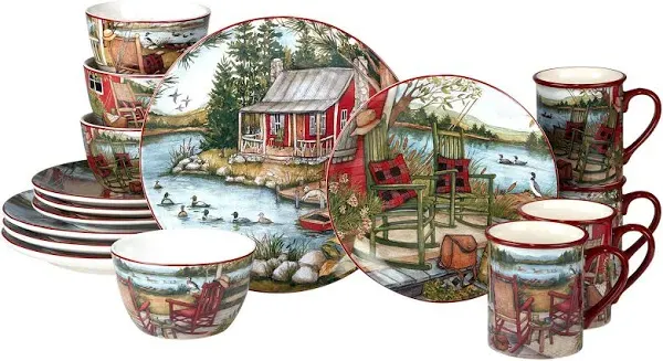 Unknown1 Lake Retreat 16 Pc Dinnerware Set Service for 4 Green Multi Color Red Animal Country Farmhouse Round Piece Dishwasher Safe Microwave