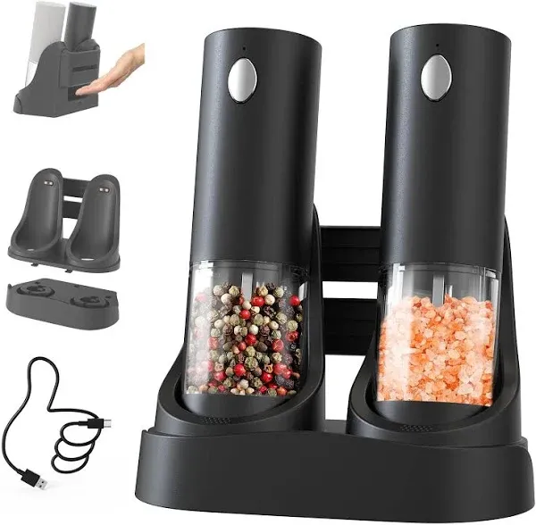 CIRCLE JOY Electric Salt and Pepper Grinder Set Automatic Salt and Pepper Grinder Set with Easy-to-Carry Charging Base and LED Light, Adjustable Coarseness, USB Rechargeable, Washable Container, Black