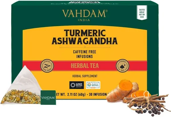 Vahdam Turmeric Ashwagandha Herbal Tea Pack of 50 Tea Bags - Pure &amp; Herbal l