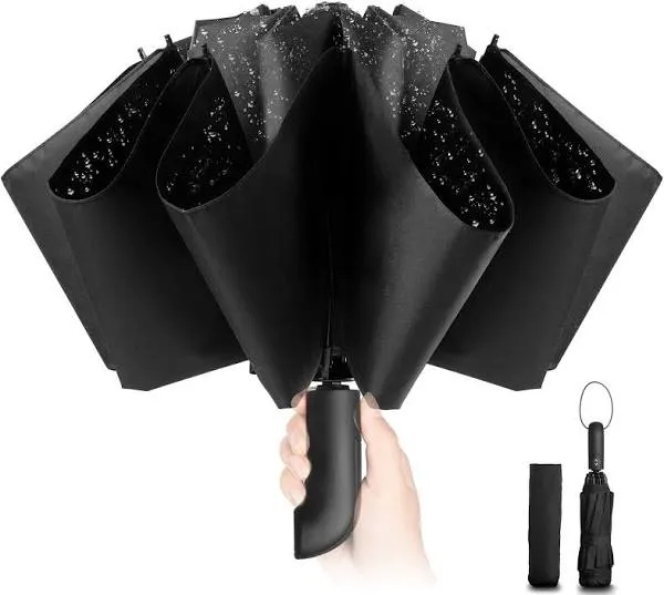  Travel Inverted Umbrella Compact Windproof- Automatic reverse Umbrellas Black