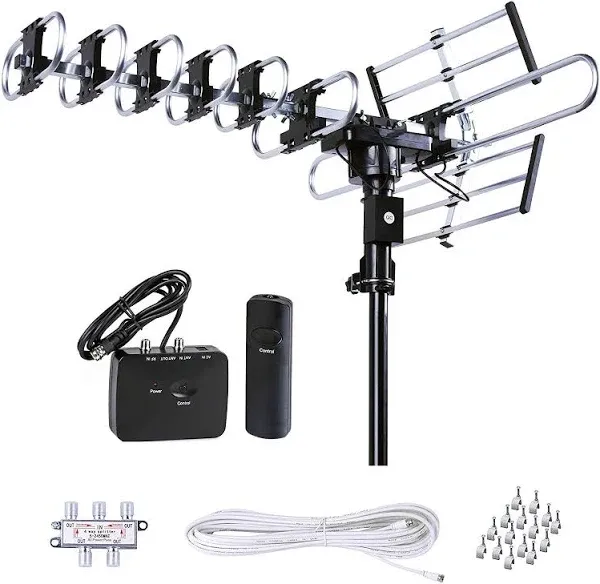 Five Star Outdoor HD TV Antenna Strongest Up to 200 Miles Long Range with Motorized 360 Degree Rotation, UHF/VHF/FM Radio with Infrared Remote Control Advanced Design Plus Installation Kit