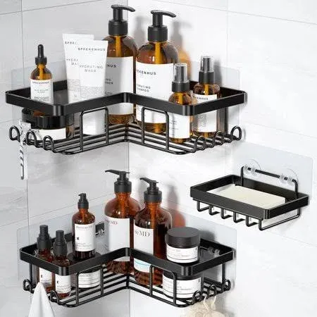 3-Pack Corner Adhesive Shower Caddy with Soap Holder & 12 Hooks