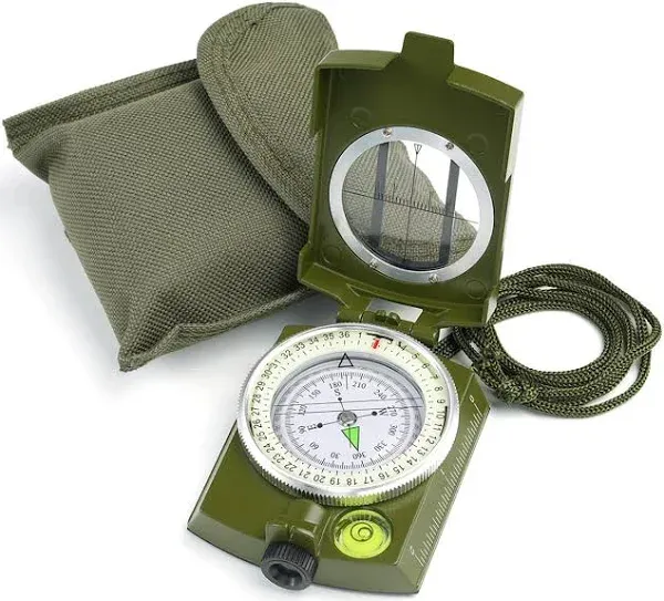 Lensatic Military Compass for Hiking - Tritium Compass Military Grade Style Camping Backpacking | Tactical Army Compass Survival Navigation | TurnOnSport Waterproof Sighting Compass with Pouch