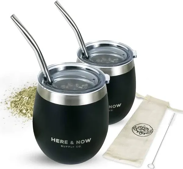 Here & Now Yerba Mate Cup and Bombilla Set | 2 Mate Gourds, Spill Resistant Lids, & Mate Straws | Bombilla Brush & Pouch Included | Yerba Mate Gourd Kit with Bombilla Mate & Mate Tea Cups (Black)