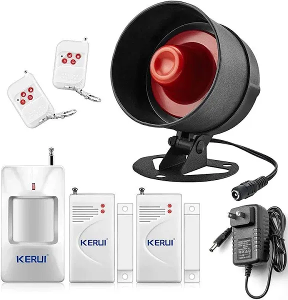 KERUI Standalone Home Office Shop Security Alarm System Kit,Wireless Loud Indoor/Outdoor Weatherproof Siren Horn with Remote Control and Door Contact Sensor,Motion Sensor,Up to 115db,NO WiFi/GSM/APP