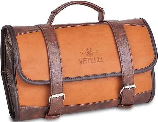 Vetelli Leather Toiletry Bag for Men - Water Resistant, 2 Zippered Internal Pockets, 2 Snap-Fastened Internal Pockets, and Hanging Hook.