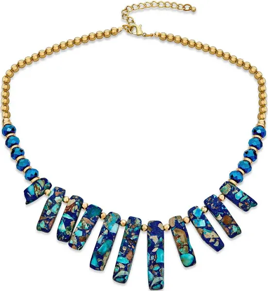 Bling Jewelry Women's Blue Faceted Beads Compress Turquoise Stone Bib Fan Statement Necklace