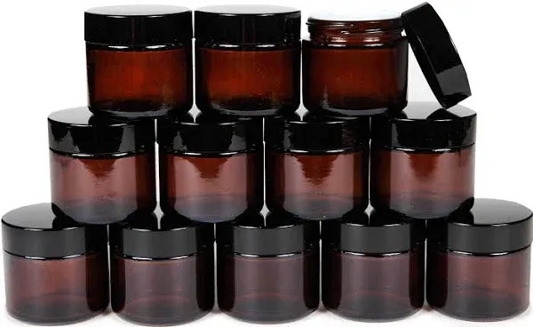 , 12, Amber, 2 oz, Round Glass Jars, with Inner Liners and black Lids