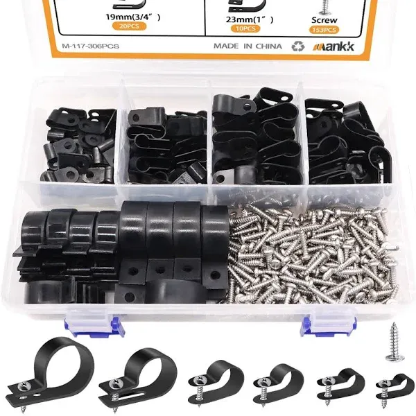 306pcs R-Type Cable Clamp Nylon Plastic P-Style Wire Mounting Clips