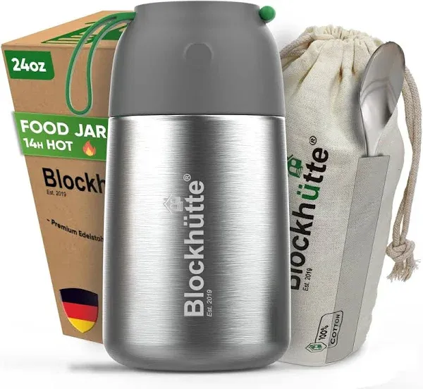 Blockhütte Insulated Food Jar for Adults I 24 oz I with Spork I 14 H Silver 