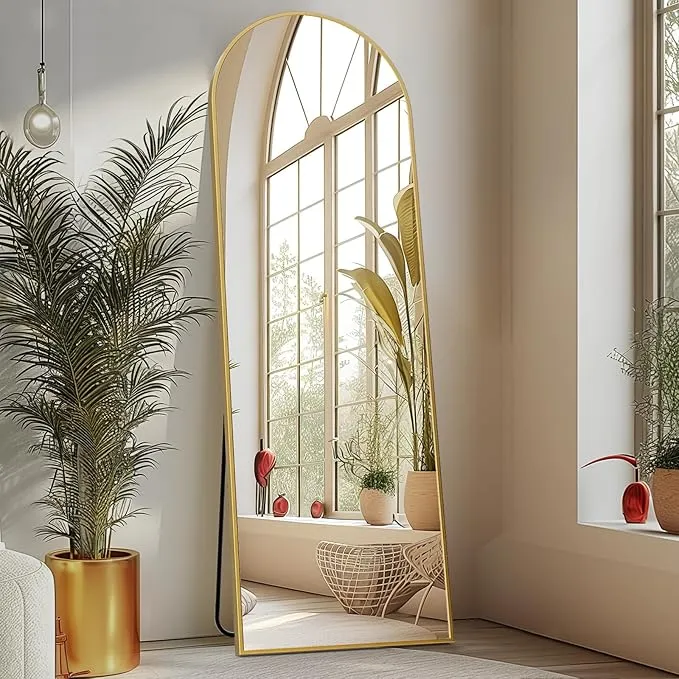 Sweetcrispy Arched Full Length Mirror 59"x16" Full Body Floor Mirror Standing Hanging or Leaning Wall, Arch Wall Mirror with Stand Aluminum Alloy Thin Frame for Bedroom Cloakroom, Gold