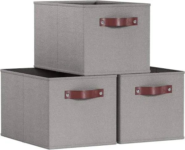 3 Pack Collapsible Shelf Basket Rectangle Storage Bins with Faux Leather Handles