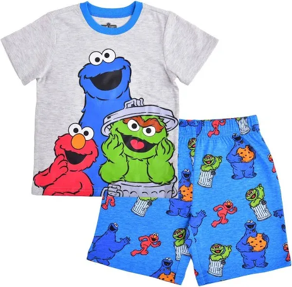 Toddler Sesame Street Boy's Elmo, Cookie Monster, and Oscar the Grouch 2-Piece Matching T-Shirt and Shorts Set