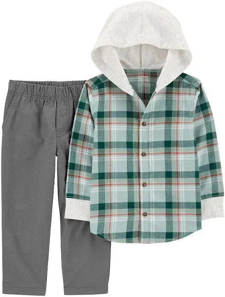 Toddler 2-Piece Plaid Hooded Button-Front & Pant Set