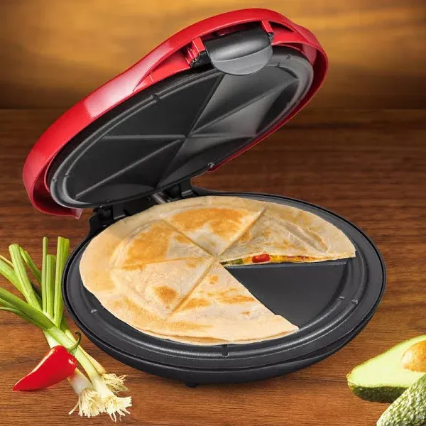 Taco Tuesday - Tteqm10rd Deluxe 6-Wedge Electric Quesadilla Maker with Extra Stuffing Latch - Red