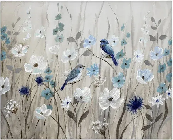 Stupell Birds Floral Meadow Blue White Blossoms Framed Wall Art