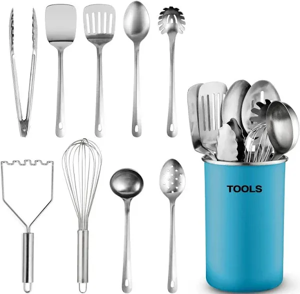 Stainless-Steel Kitchen Utensil Set - 10-piece premium Nonstick & Heat Resistant Kitchen Gadgets, Turner, Spaghetti Server, Ladle, Serving Spoons, Whisk, Tongs, Potato Masher and Utensil Holder