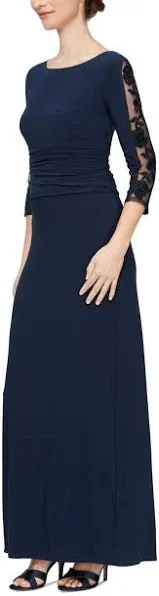 SL Fashions Petite Embroidered Ruched Gown - Navy - Size 10p