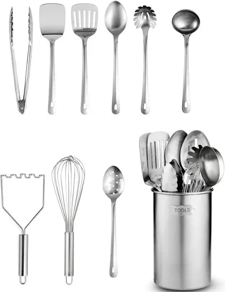 FineDine Stainless-Steel Kitchen Utensil Set - 10-piece premium Nonstick & Heat Resistant Gadgets, Turner, Spaghetti Server, Ladle, Serving Spoons, Whisk, Tongs, Potato Masher & Utensil Holder