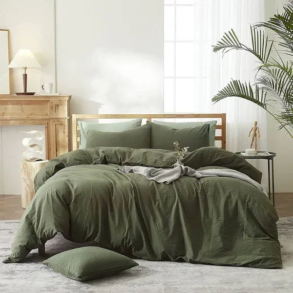 OTOB Sage Green Duvet Cover Sets King 100% Washed Cotton Men Women Bedding Set Simple Japanese Style 3 Piece with Pillow Shams, King Size