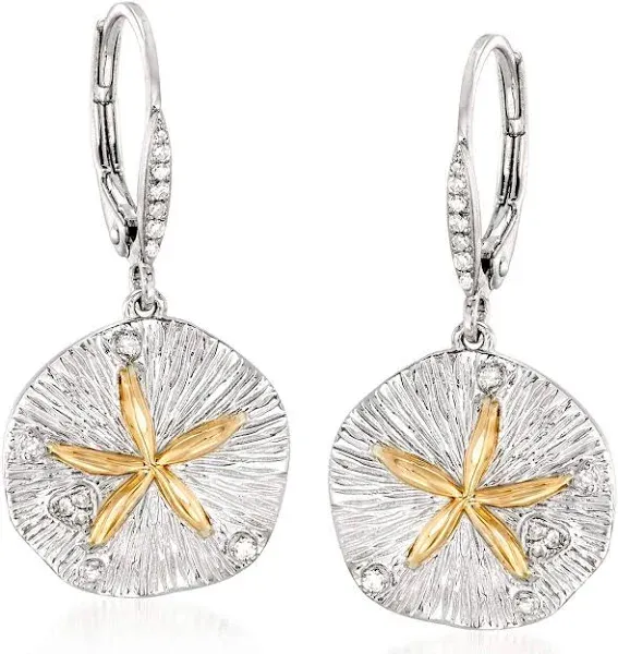 Ross-Simons Sterling Silver and 14kt Gold Sand Dollar Drop Earrings With .10 ct. t.w. Diamonds