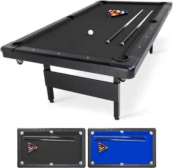 GoSports 6 ft Billiards Table - Portable Pool Table - Includes Full Set of Balls, 2 Cue Sticks, Chalk, and Felt Brush - Blue