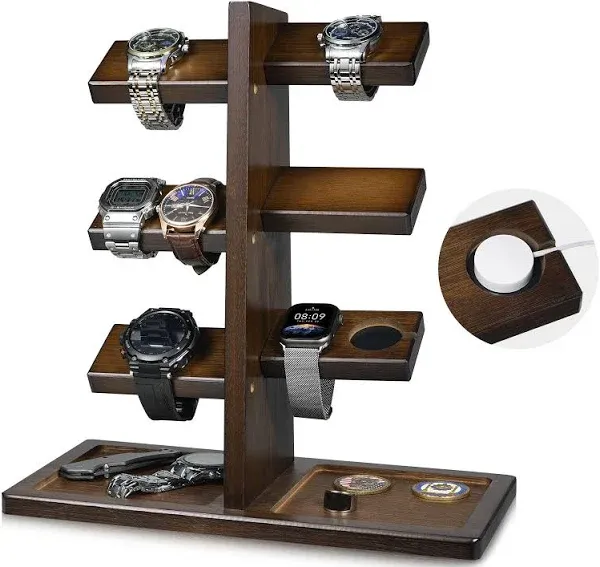 Watch Holder Stand with Charging Station Wooden Watch Display Tower Jewelry Orga