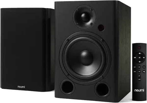 NEUMI BS5P-ARC 75-Watt Powered Bookshelf Speakers, Bluetooth, HDMI, USB, Optical, Coaxial, Remote Control, 5-Inch Woofer, 1-Inch Tweeter, Dark Wood, 1 Pair