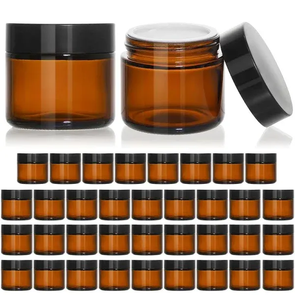 KEYWING 1oz Amber Glass Jars with Black Lids, 36 Pack Small Round Glass Cosmetic Jars with Inner Liners for Lotions, Cream, Powders and Ointments