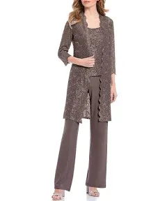 R&M Richards Women's Scallop Lace Duster Pant Set