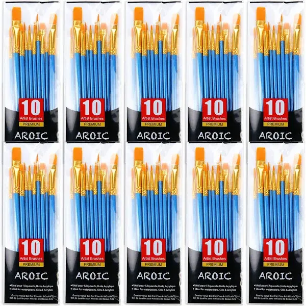 AROIC Painting Brush Set, 10 Packs /100 Pieces, Nylon Brush Head, Suitable for Oil and Watercolor, Perfect Suit of Art Painting, Best Gift for