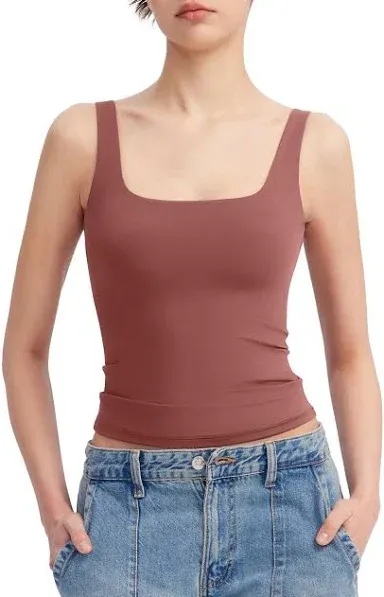 PUMIEY Women's Square Neck Tank Top Sleeveless Double Lined Basic Tops Sharp Collection