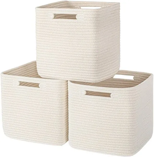 AELS Hand Woven Cotton Basket for Storage, Cube Storage Bins with Handles, Foldable Collapsible Closet Organizers and Storage, Boho Farmhouse Storage Cubes for Shelves, Beige