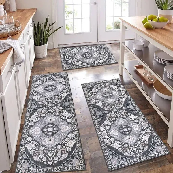 HEBE Farmhouse Kitchen Rug Sets 3 Piece with 20&#034;x32&#034;+20&#034;x48<wbr/>&#034;+20&#034;x59&#034; Grey