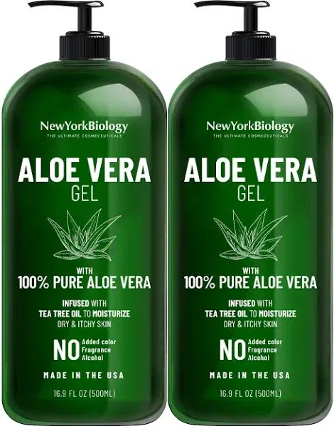 New York Biology Aloe Vera Gel for Face, Skin and Hair - Infused with Tea Tree Oil – From Fresh Aloe Vera Plant – Moisturizing Aloe Vera for Sunburn Relief and Dry Skin - 16.9 oz - Pack of 2