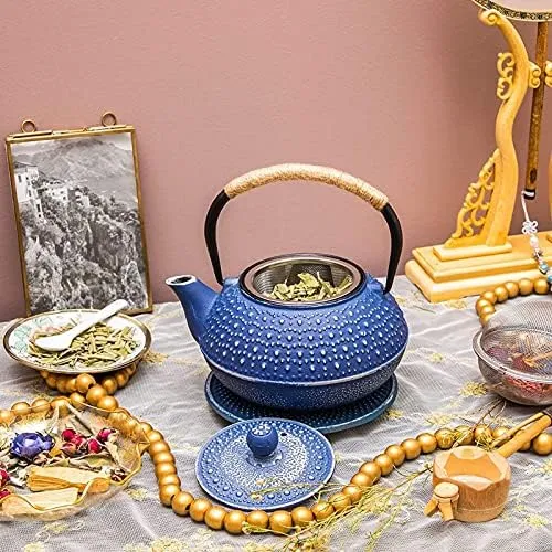 Juvale 3 Piece Set Blue Japanese Cast Iron Teapot with Infuser and Trivet