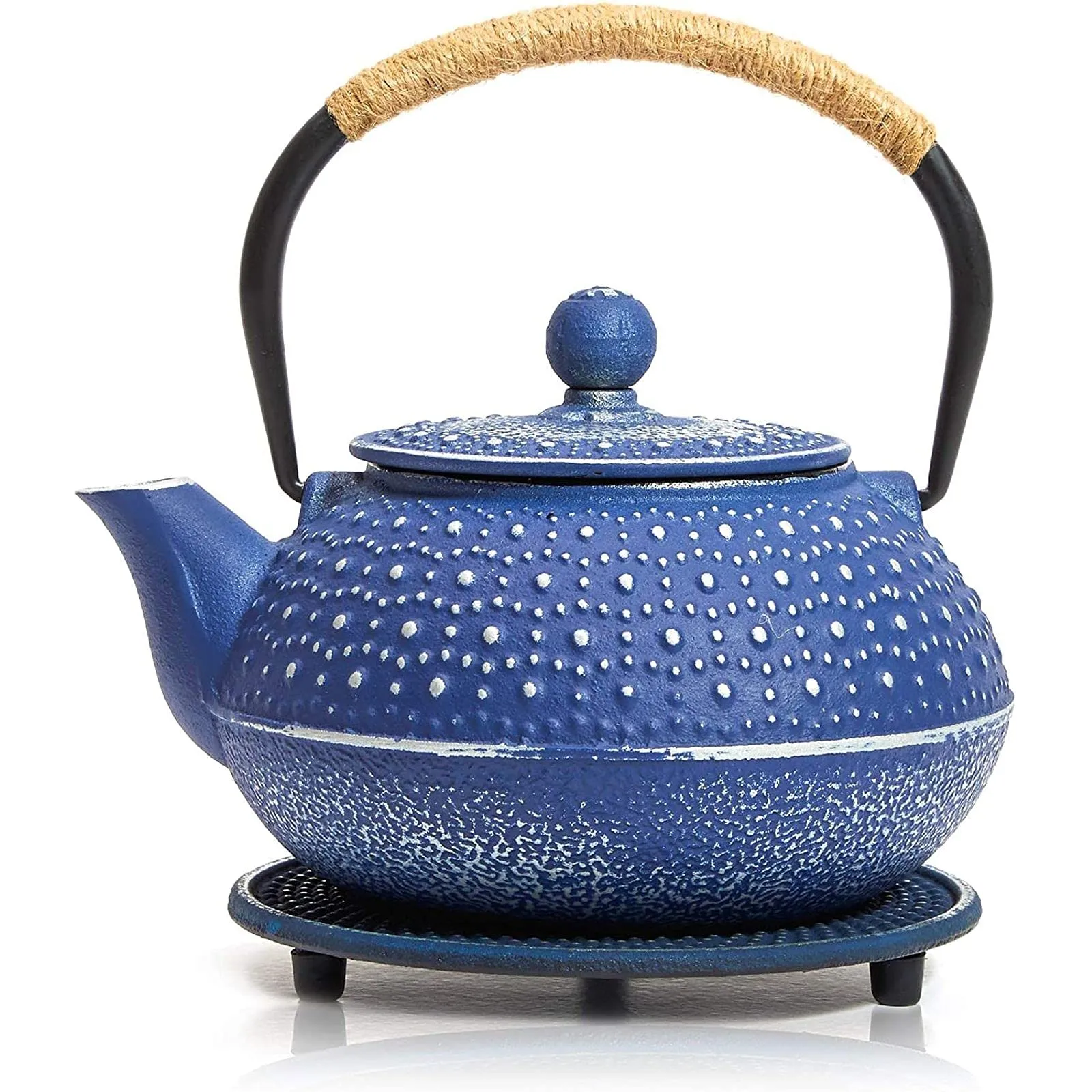 3 Piece Set Blue Japanese Cast Iron Teapot, Loose Leaf Tetsubin with I