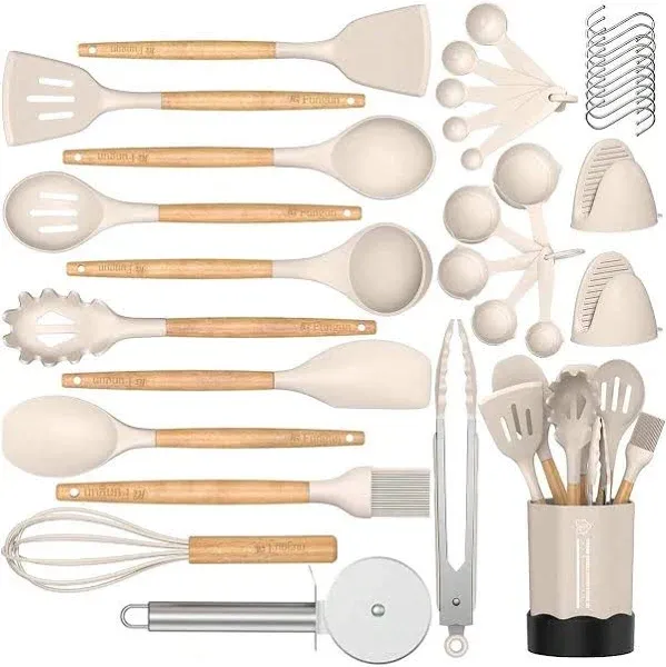 35-Piece Wooden Handle Nonstick Silicon Kitchen Utensils Cookware Set with Grater, Tongs