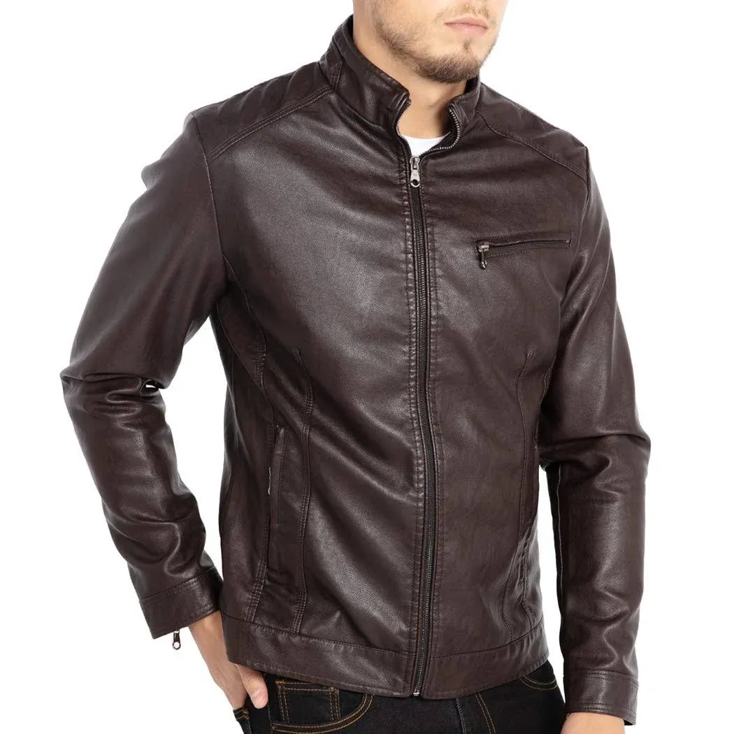 WULFUL Men's Stand Collar Leather Jacket Motorcycle Lightweight Faux Leather Outwear