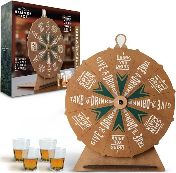 Hammer + Axe™ Vintage Drinking Wheel Game with 4 Shot Glasse