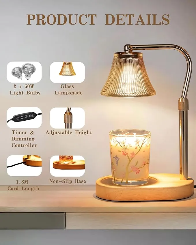 Candle Warmer Lamp, Candle Lamp Warmer with Timer & Dimmer, Adjustable Height Candle Warming Lamp with 2 Bulbs for Candle Jars, House Warming Home Bedroom Decor Birthday Gifts for Women Mom