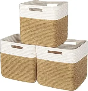 AELS Hand Woven Cotton Baskets for Storage, Cube Storage Bins with Handles, Foldable Collapsible Closet Organizers and Storage, Boho Farmhouse Storage Cubes for Shelves, Beige and Khaki…