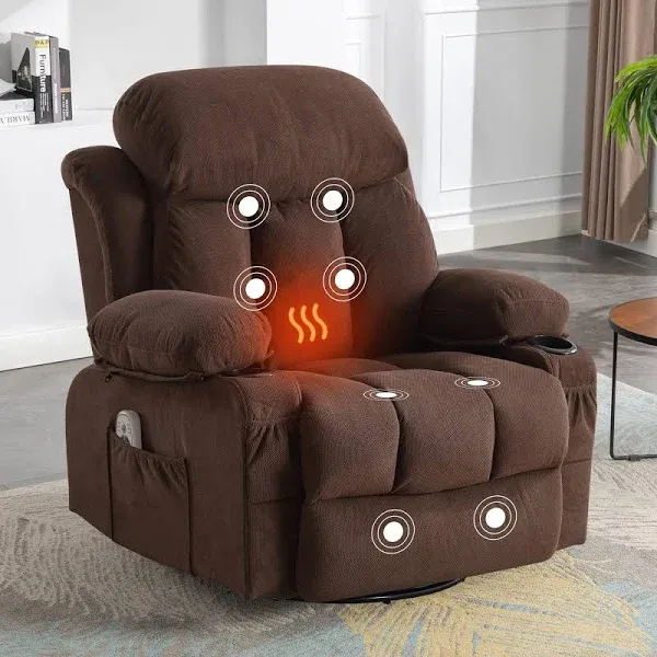 Massage Recliner Chair, Swivel and Rocking Recliner with Heat and Vibration, Breathable Fabric Ergonomic Single Sofa Chair for Living Room with Cup Holders, Side Pockets and USB (Beige)