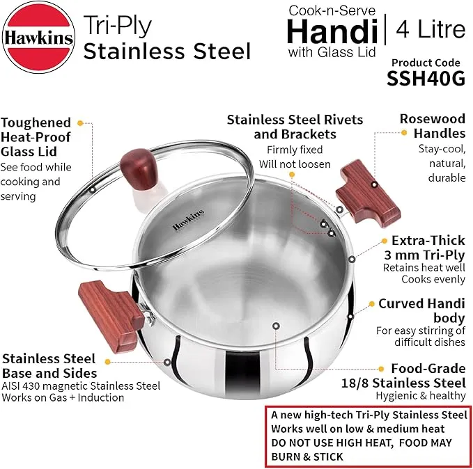 Hawkins 4 Litre Cook N Serve Handi with Glass Lid, Induction Compatible Tri-Ply Stainless Steel Cookware, Cooking Pot, Saucepan, Silver (SSH40G)