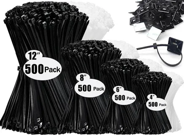 Zip Wire Ties 2100 Pack Small Cable Zip Ties with Cable Mounts Black-2100pcs