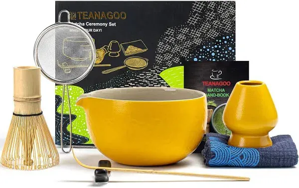 TEANAGOO 7 Pcs Matcha Whisk Set, Matcha Set for Ceremony, Ceramic Matcha Kit, Orange Matcha Tea Set for Making Breakfast/Matcha Latte, Gift for Matcha Lover, Matcha Whisk and Bowl with All Accessories