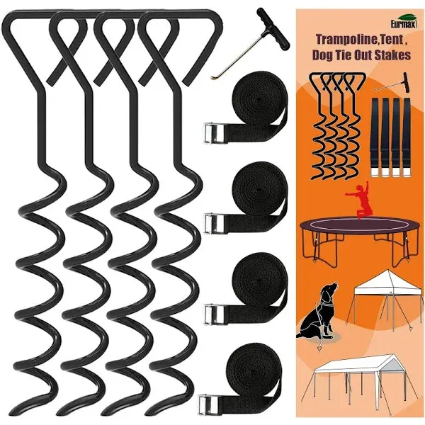 Eurmax USA Trampoline Stakes Trampoline Anchors High Wind Heavy Duty Corkscrew Shape Steel Tent Stakes Trampoline Tie Downs Anchor Kit with T Hook