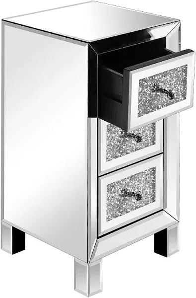 VINGLI 3-Drawer Mirrored Nightstand Bedside Table Glass Accent End Table, Fully Assembled, Silver