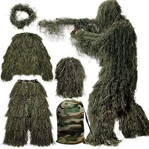  5 in 1 Ghillie Suit, 3D Camouflage Hunting Ghillie Suit for Kids Forest Green